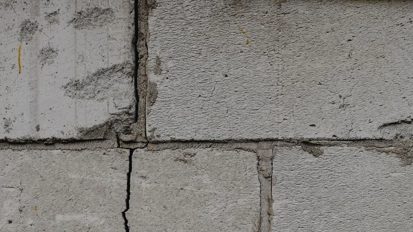 Concrete block wall with a vertical crack running through patched mortar joints